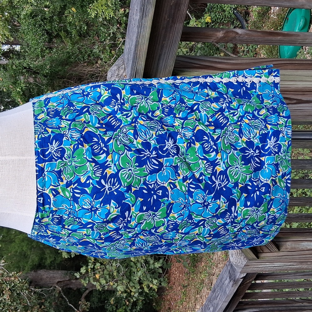Lilly Pulitzer CottoBlue and Green Floral Skirt, Lined, Back Zip w Pocket, Sz 14